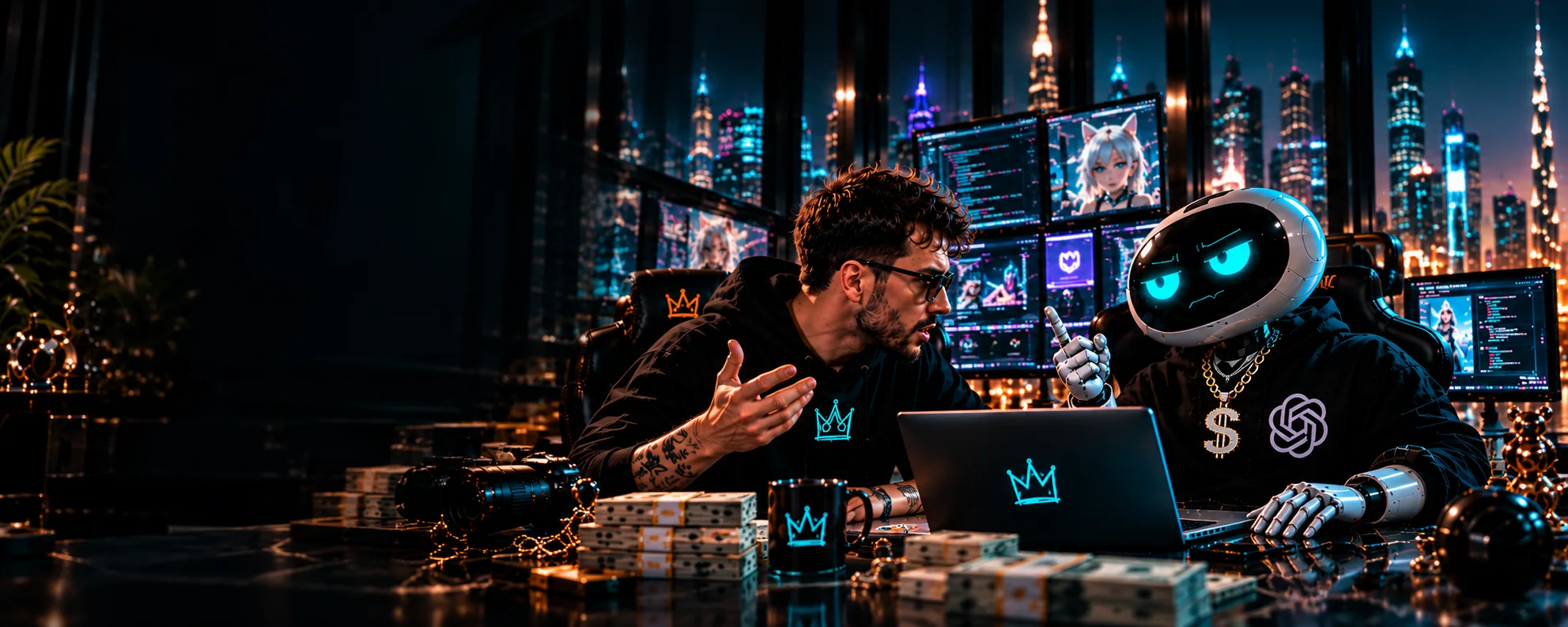 Серж спорит с GPT-роботом за столом с ноутбуком AI Empire на фоне ночного города