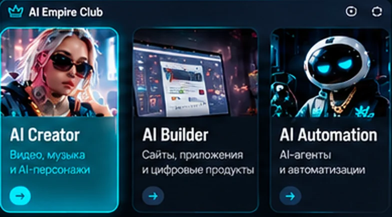 Интерфейс клуба: выбор направления AI Creator, AI Builder, AI Automation